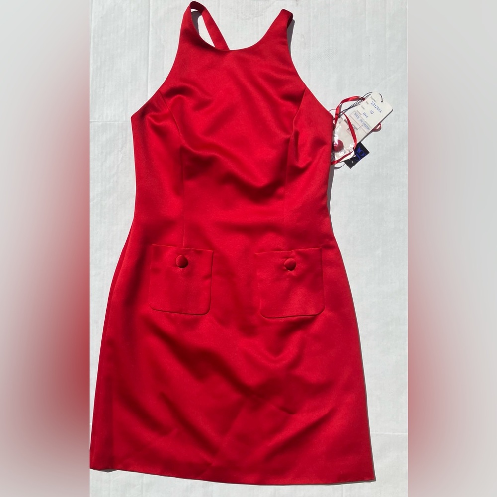 SOLD-NWT Vintage Oleg Cassini BlackTie Red Satin Dress-Size 10 - Picture 2 of 5